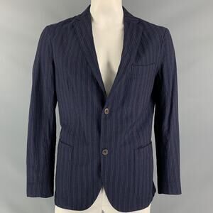 MONTEDORO Chest Size 44 Regular Wool & Linen Navy Stripe Notch Lapel Sport Coat